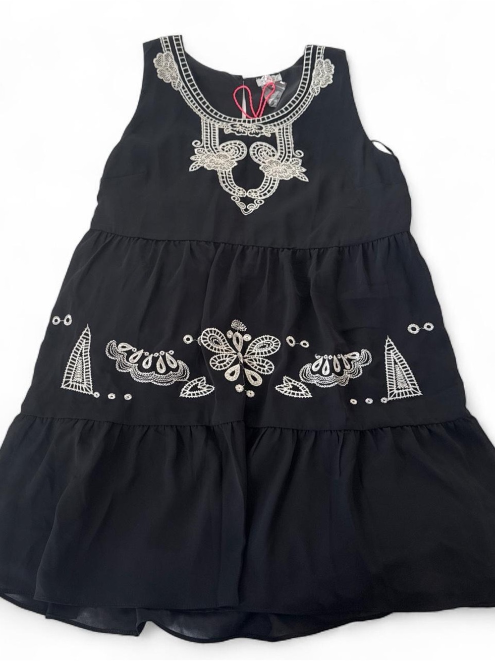 Black Sleeveless babydoll Embroidered Tiered Midi Dress